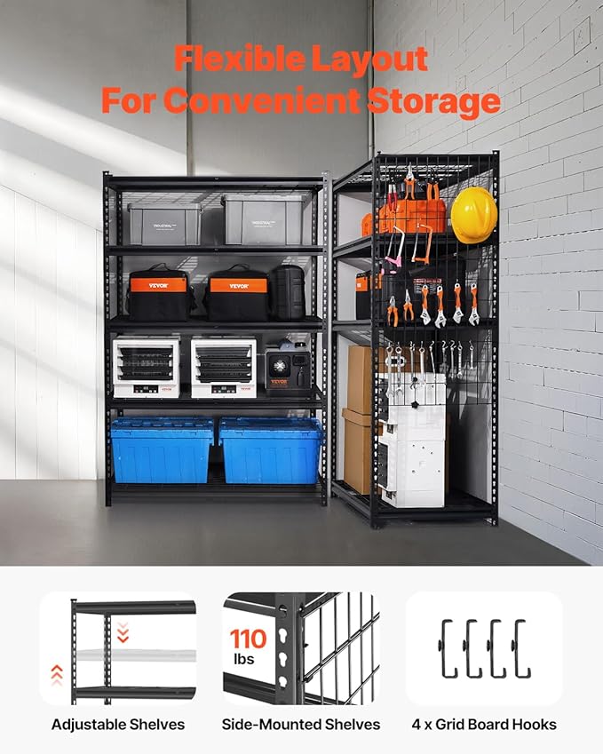VEVOR Storage Shelves, 3000 lbs, 5 Tier Heavy Duty Garage Shelving, 24" D x 48" W x 72" H Adjustable Metal Shelves for Industrial Shelving Unit Utility Shelf, for Kitchen, Warehouse, Basement, Black