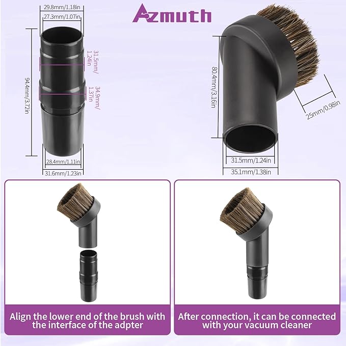 25mm Horse Hair Round Dust Brush, 1.25" Vacuum Brush Attachment with Vacuum Hose Adapter for Shark Vacuum and Shop Vac and Most Household Vacuum Cleaners - 2 Pcs
