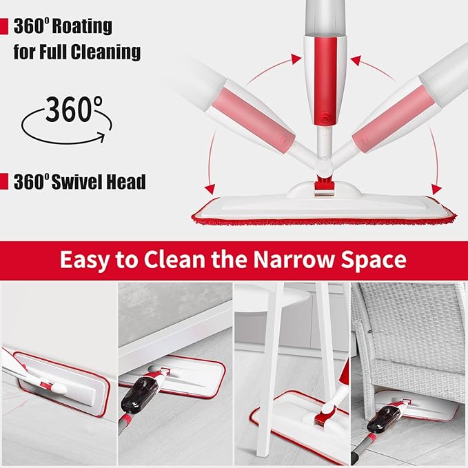 Spray Mops for Floor Cleaning Floor Mop with a Refillable Spray Bottle and 2 Washable Microfiber Pads Home or Commercial Use Dry Wet Flat Mop for Hardwood Laminate Wood (Red)