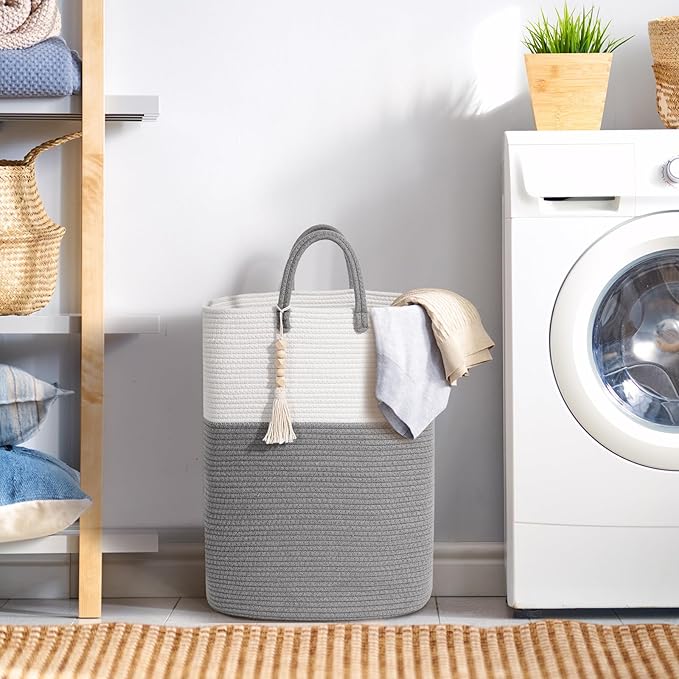 Woven Laundry Basket for Clothes, 65L Large Rectangle Laundry Hampers with Beads Tassel, Nursery Storage Basket for Toys, Tall Dirty Clothes Hamper for Bedroom Aesthetic, Laundry Room Organization