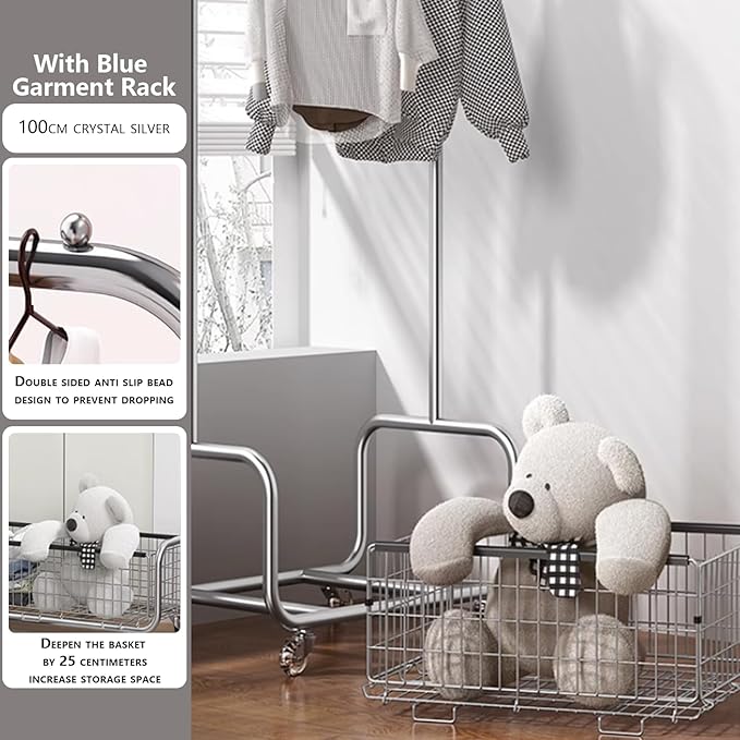 Garment Rack With Storage Baskets,Clothing Rack for Hanging Clothes, Multi-functional Bedroom Clothes Rack with Wheels for Bedroom, Living Room, Easy Assembly (24inch length)