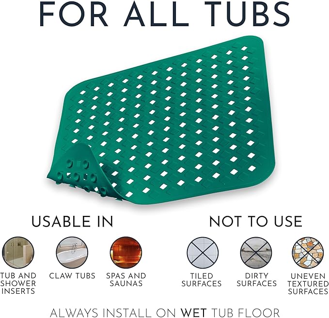Homerella Anti Slip Shower Mat | Anti Mold Non Slip Bathtub Mat for Inside Shower | Square Floor Shower Mat 21 x 21 inch with Suction Cups for Grip & Hooks Hanging and Quick Drying | Machine Washable