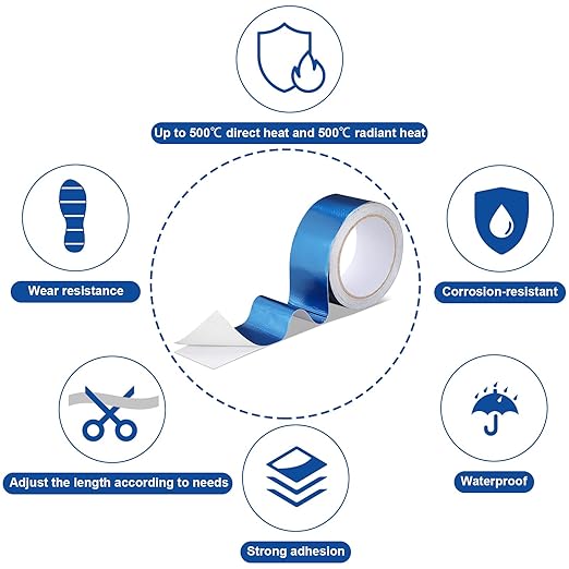 Zonon 2 Rolls Aluminum Foil Tape Heat Shield Tape Barrier Adhesive Reflective Fiberglass Thermal Insulation Reflective Material High Temp Protection(Blue,2 Inch X 32.8 ft)