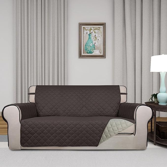 PureFit Reversible Quilted Sofa Cover, Water Resistant Slipcover Furniture Protector, Washable Couch Cover with Non Slip and Elastic Straps for Kids, Dogs, Pets (Oversized Loveseat, Chocolate/Beige)