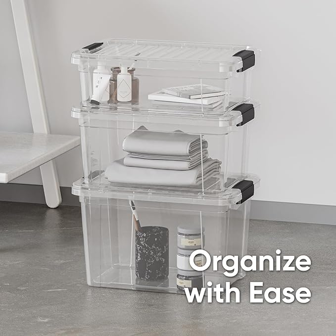 Superio Clear Storage Boxes with Lids, 4.75 Quart Plastic Container Bins for Organizing, Stackable Crates, BPA Free, Non Toxic, Odor Free, Organizers for Home, Office and Dorm, 4 Pack