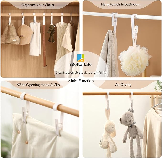 iBetterLife Laundry Hooks Hanging Clips - 4Pcs Heavy Duty Outdoor Clothes Pins, Closet Organizer Single Clip Hangers Clamps Socks Boot Bras Underwear Kids Towels for Bathroom Wardrobe Kitchen Office
