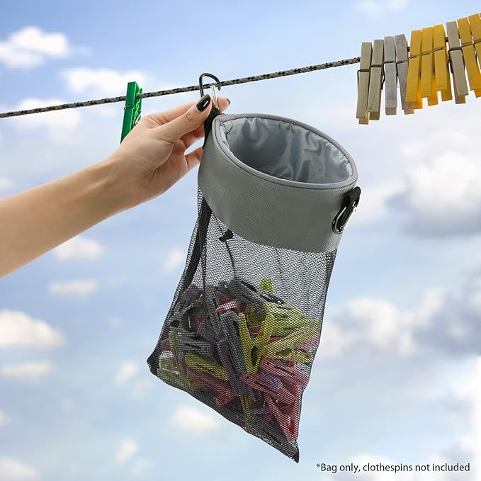 Mesh Clothespin Bag with Hooks Hanging Clothes Pin Bag with Drawstring Closure Clothespin Holder, Ventilation and Moisture Resistance, Storage Organizer, Machine Washable （Gray）