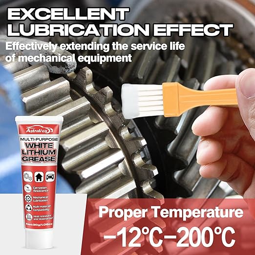 AstraVox White Lithium Grease, Multi-Purpose Lubricant Lithium Grease with Brush for Hinges, Bearings, Gears, and Garage Doors, Ideal for Automotive, Marine, Industrial, and Household Use (2)