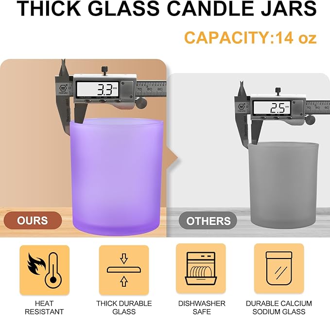 14 OZ Thick Candle Jars for Making Candles 12 Pcs, 3 Wick Empty Jars with Wood Lids for Candle Making, Sample Container, Frosted Purple