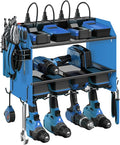 CCCEI Set Power Tool Organizer Wall Mount with Charging Station. Garage 4 Drill Storage Shelf with Hooks, Heavy Duty Metal Tool Battery Charger Organizer. Shop Utility Rack with Power Strip Blue.