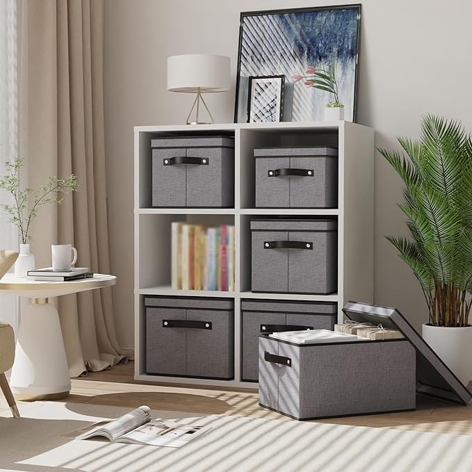 Storage Boxes, 15 x 9.8 x 8.3 Inch Baskets for Organizing with Lids, Fabric Bins with Handles, Decorative Linen Closet Organizers, Gray, 3 Pack