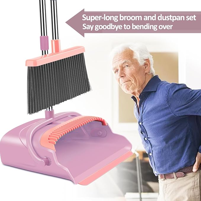 kelamayi Broom and Dustpan Set for Home, Office, Indoor&Outdoor Sweeping, Stand Up Broom and Dustpan (Pink)