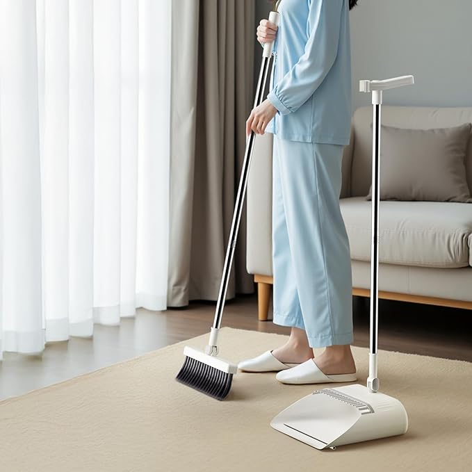 Upgrade Broom with Dustpan Combo Set, Broom and Dustpan Set with Adjustable Handle，Self-Cleaning Dustpans Teeth for Home Kitchen Office Hall Floor，ZeroGap Lip （White&Grey）