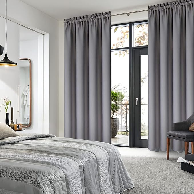 DWCN Grey Room Darkening Blackout Curtains - Rod Pocket Thermal Insulated Privacy Energy Saving Window Curtain Drapes 42x 72 inch Length, Set of 2 Bedroom Living Room Curtains
