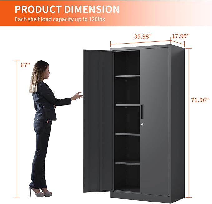 72'' Garage Storage Cabinet, Lockable Storage Cabinet with Adjustable Shelves, Steel Tool Cabinets for Home, Office, Garage, Require Assembly, Black