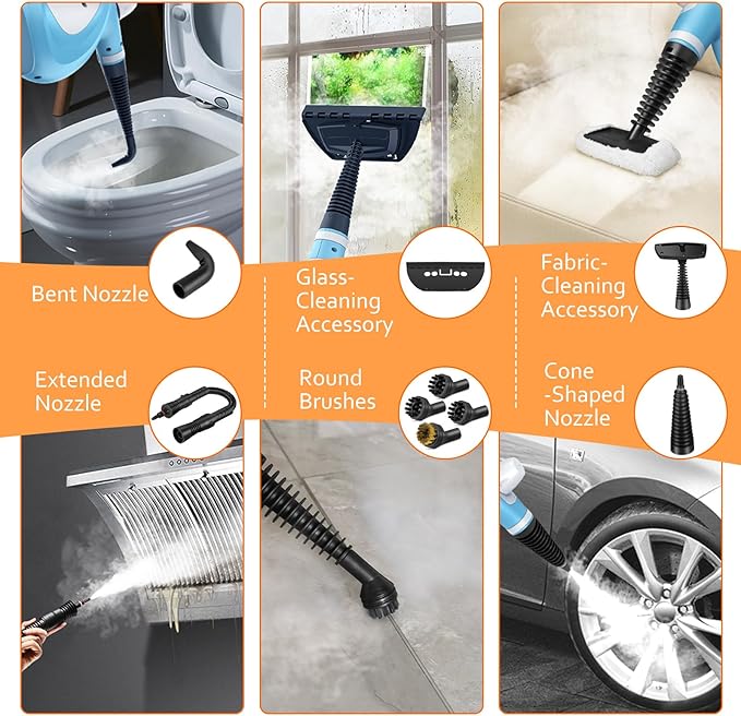 Pressurized Handheld Multi-Surface Natural Steam Cleaner with 12 pcs Accessories, Multi-Purpose Steamer for Home Use, Steamer for Cleaning Floor, Upholstery, Grout and Car (Blue)