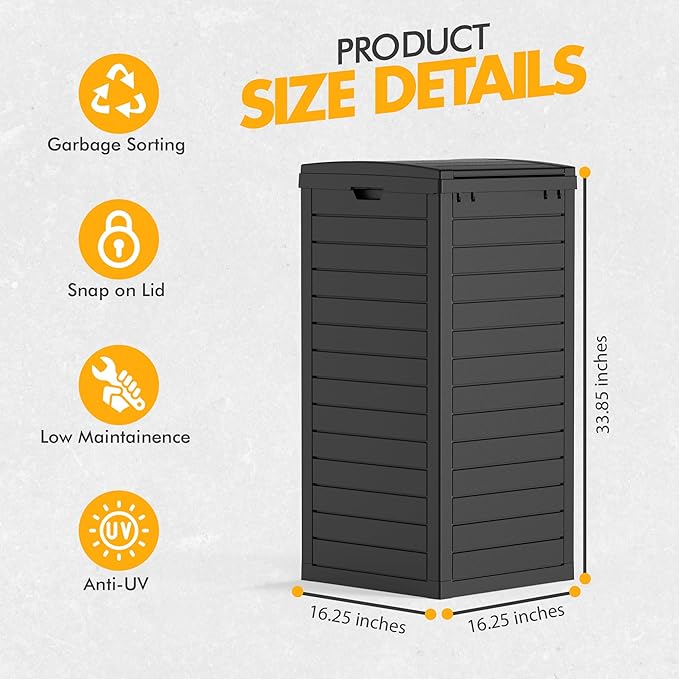 31 Gallon Outdoor Trash Can, Waterproof Resin Trash Can with Layered Lid and Drip Tray, Perfect for Patio, Backyard (Black)
