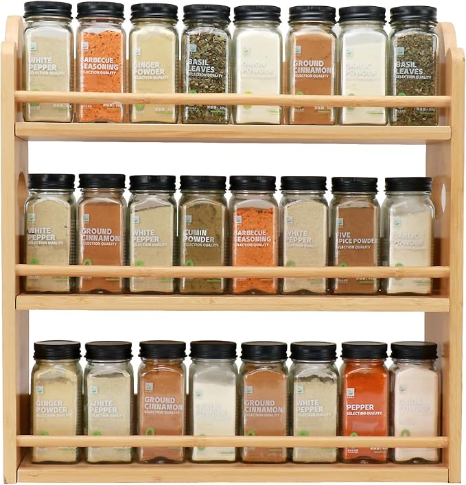 3 Tier Bamboo Spice Rack, Spice Rack Organizer, Seasoning Jars Rack Shelf Spice Organizer for Kitchen Counter or Wall Mounting, Bamboo Spice Storage Holder with handles Easy to Move
