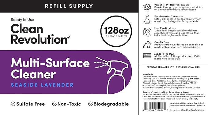 Clean Revolution Multi Surface Cleaner Refill Supply, Non-Toxic, Eco-Friendly & Plant-Based, Ready to Use, Seaside Lavender, 128 Fl Oz (Pack of 4)