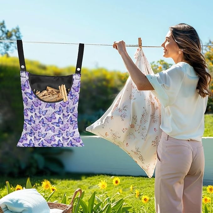 2 Pcs Butterfly Purple Clothespin Bag for Clothesline Outdoor, Soft & Lightweight Hanging Bag for Laundry, Clothes Pins Bag Holder Outdoor, Clothes Pin Bag for Outside