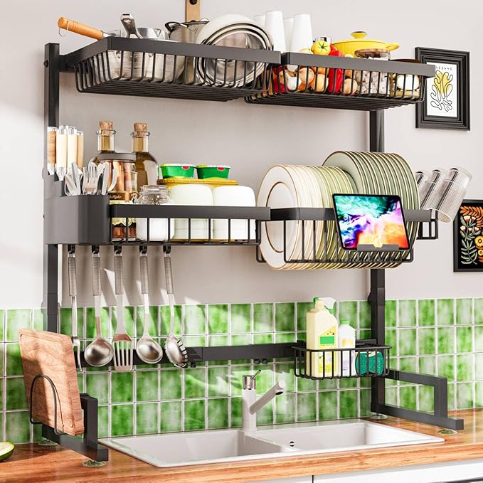 3-Tier Over Sink Dish Draining Rack, Adjustable Width and Height, with Phone Holder, Cup Holder, Knife and Chopstick Holder, Cutting Board Rack, Space-Saving Rack
