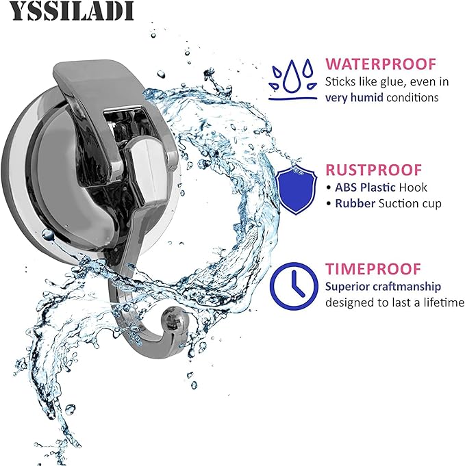 Heavy Duty Suction Cup Hooks for Shower, Bathroom Robe - Vacuum Glass Hooks, Reusable, No Hole Punched, for Garland Decoration (Silver Grey, 6 Pack)