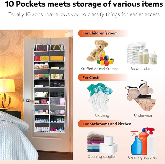 Over the Door Organizer 5 Tiers, Extra Large Behind Door Storage of 10 Compartments, 80 lbs Weight Capacity Over Door Organizer, Door Hanging Organizer for Closet, Diaper Organizer, Room storage