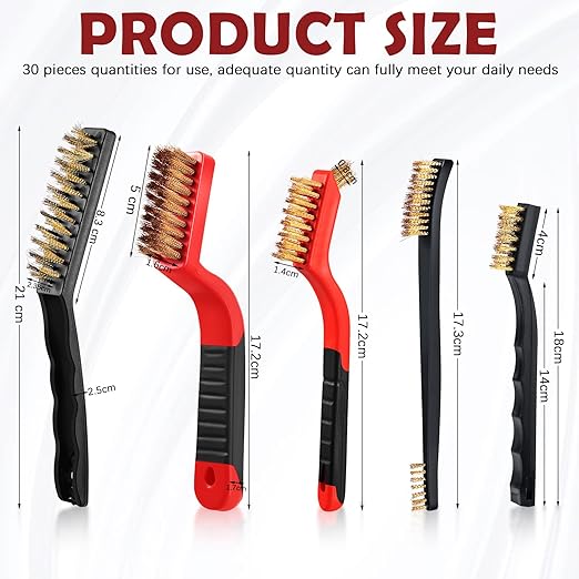 Sumind 30 Pcs Wire Cleaning Brush Set Nylon/ Stainless Steel/ Brass Metal Brush with Curved Handle Grip Paint Remover for Cleaning, Rust, Drill, Scrub, Grout Cleaner Tool (Red and Black)