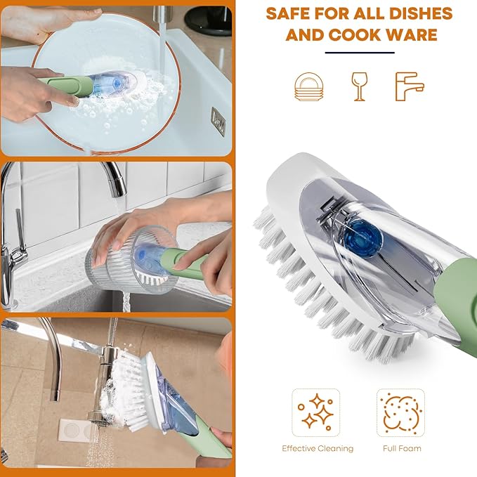 Soap Dispensing Replacement Dish Brush Storage Set with 2 PCS Brush Refills & Holder - RIMAY Dispenser Scrub Cleaning Scrubber Kitchen Dishwashing Dish Wand Handle for Dishes/Pans/Pots/Sink(Green)