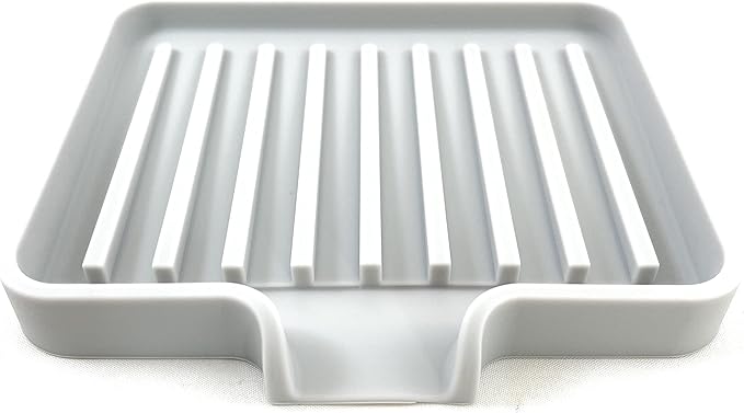 Happitasa Silicone Soap Dish Tray and Sponge Holder with Drain Chute, Pack of 2 | Bathroom and Kitchen Sink Organizer Caddy (Light Grey, 5.2"x4", 7.2 Ounces)