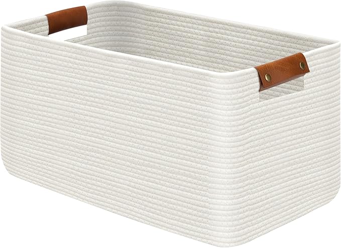 Large Collapsible Laundry Basket, Clothes Hamper for Blanket, Toy, Towels, Woven Baskets for Storage, Nursery Home Decor Living room 21.6" x 15" x 11.8" White
