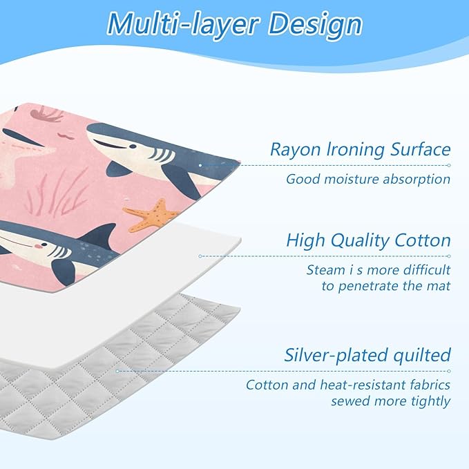 Pink Sharks Starfish and Seaweeds Ironing Mat Thickened Ironing Blanket Travel Portable Double-Side Using Ironing Pad Travel Isolate Heat Pad Cover for Washer Dryer Table Top Countertop 27.6x47