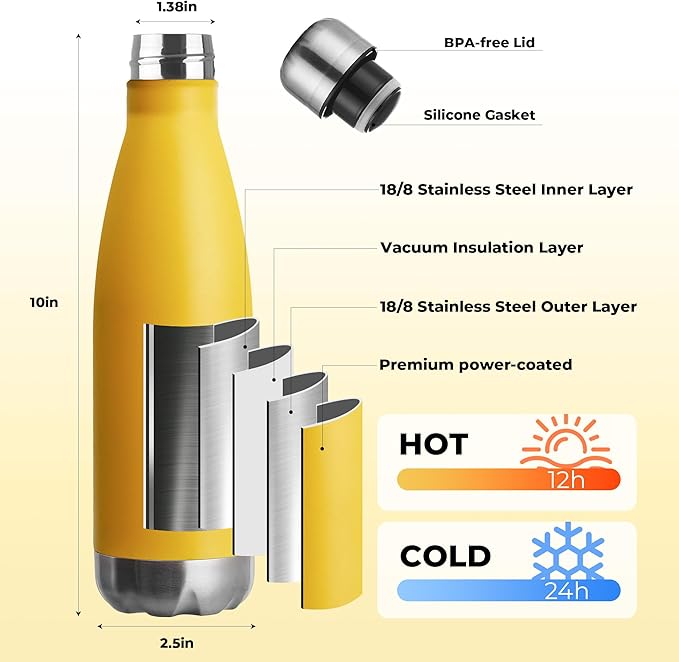 MEWAY 17oz Sport Water Bottle 8 Pack Vacuum Insulated Stainless Steel Leak-Proof Double Wall Cola Shape Water Bottle,Keep Drinks Hot & Cold (Yellow,8 Pack)