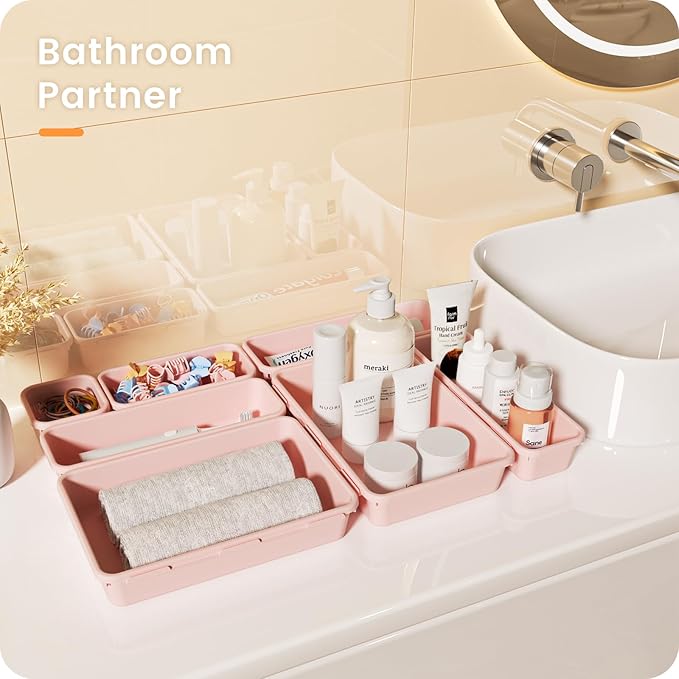 A-LuGei 【28PCS】 Drawer Organizer, Bathroom Organizers and Storage, Makeup organizer, Desk drawer organizer, Storage Bins for Kitchen Office Bedroom Vanity Jewelry Pantry Garage【Pink】【4Size】