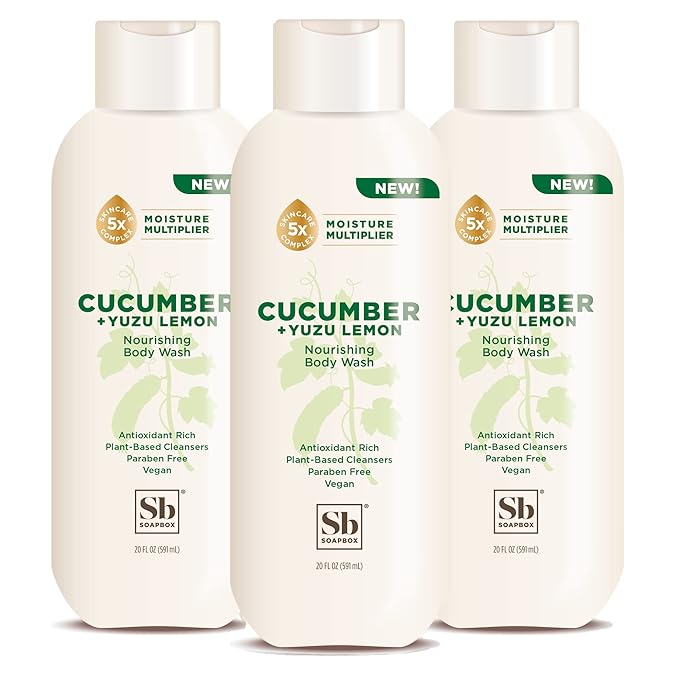 Soapbox Cucumber + Yuzu Lemon Body Wash for Women, Men, Vegan + Antioxidant Rich, Soothing, Moisturizing Soap with Shea Butter, Peptides & Keratin Promoting B3, 3 Pack, 20oz Each