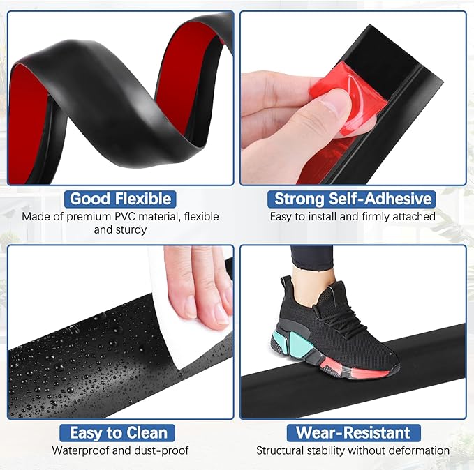 Vinyl Door Threshold Flooring Transition Strip Self Adhesive Carpet Edging Strip for Laminate Doorway Edge Threshold from 3/5" to 4/5" (Black, 3.3 Ft)