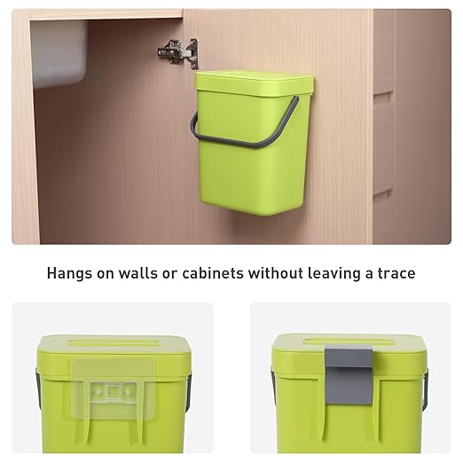 EKO Puro Wall-Mounted Trash Can with Lid, 1.32 Gal / 5L Hanging Trash Can, Small Kitchen Compost Bin for Counter Top, Mini Food Waste Bin (Green)