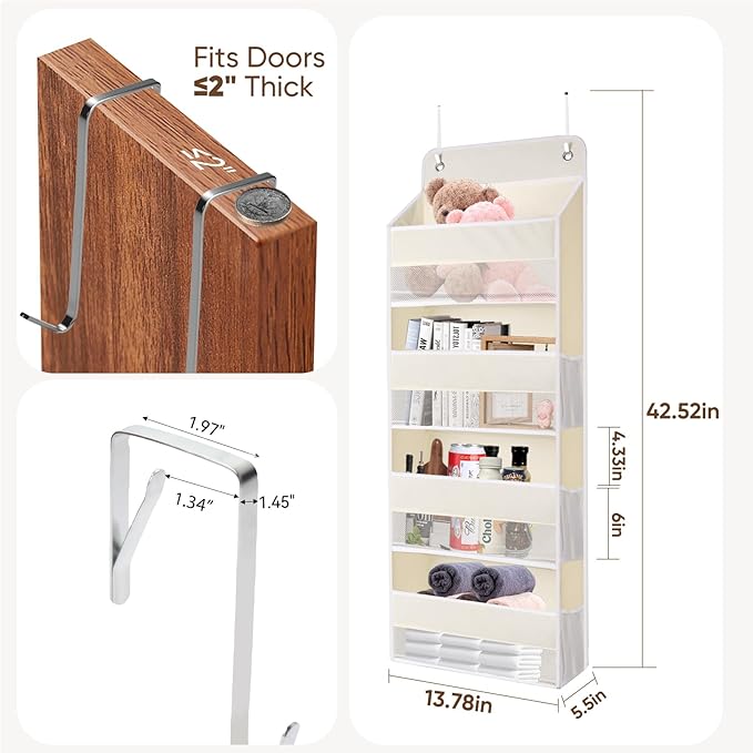 QINGUANG Over The Door Organizer,Hanging Organization and Storage, Behind Door Organizer with Side Pockets, 35 lbs Capacity,Anti Tilt, for Nursery, Bathroom, Bedroom,Dorm 4-Shelf Beige