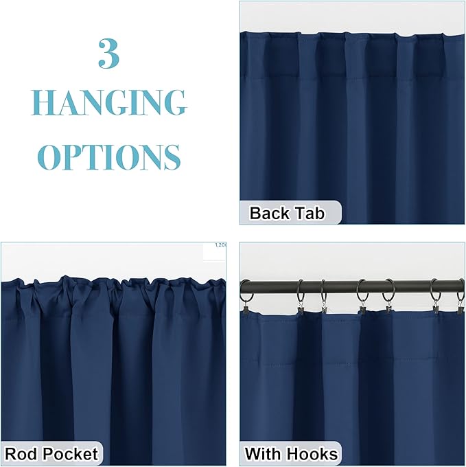 RYB HOME Blackout Kitchen Curtains, Thermal Insulated Back Tabs Window Curtain Room Darkening Shades Ideal Match for Bathroom Basement RV, Navy, Width 42 inch x Length 36 inch, 2 Panels Set