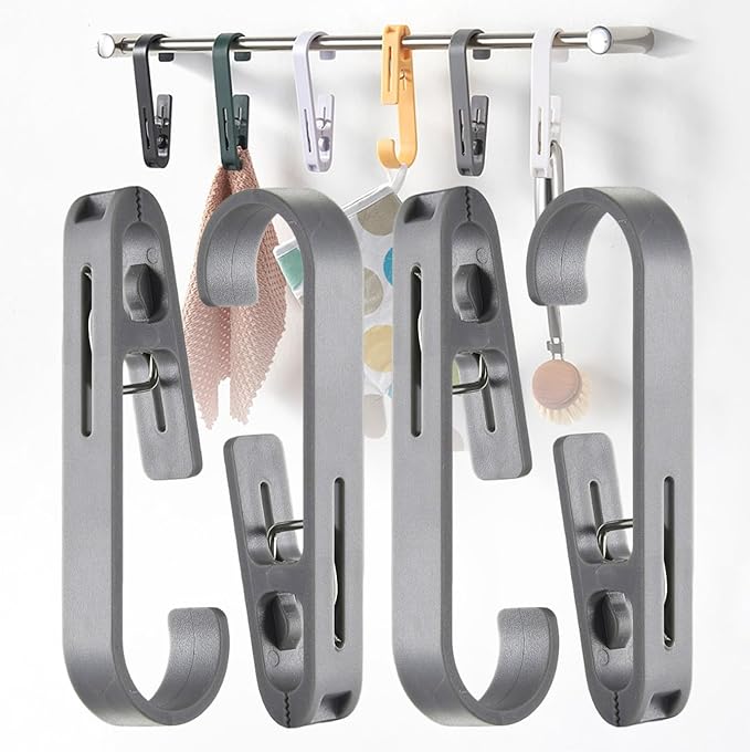 iBetterLife Clothes Pins Laundry Hooks - Heavy Duty Outdoor Towel Hanger with Clips for Hanging Socks Boot Bras Shower Pegs Closet Organizer Clamps for Bathroom Wardrobe Kitchen Office, 4Pcs Gray