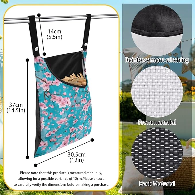 Cherry Blossom Clothespin Pouch with Hanging Hook - Waterproof Clothespin Storage for Outdoor Use