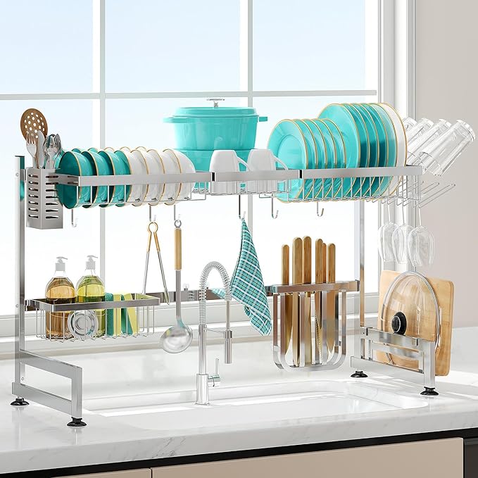 MAJALiS Over Sink Dish Drainer Drying Rack, 2 Tier Stainless Steel Dish Rack Over Sink Sink Length Adjustable (33.5-40 in), Expandable Drainer Shelf Rack with Multifunctional Organizers, Sliver