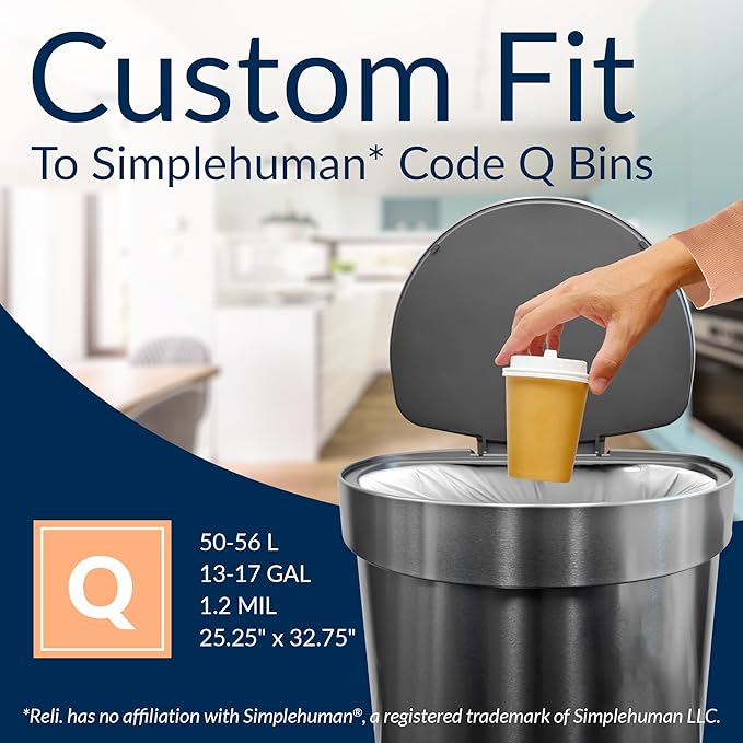 Reli. SuperFit Code Q (225 Count) | Compatible with Simplehuman Code Q | Custom Fit Liners | Drawstring Trash Bags | 50-65 Liter / 13-17 Gallon | White | Roll Pack