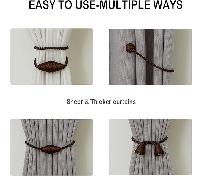 Magnetic Curtain Tiebacks 2 Pack Outdoor Rope Curtain Tie Backs Decorative Window Treatment Holdbacks for Home Decorative Curtain, Coffee