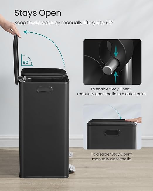 SONGMICS Trash Can, 2 x 8 Gallon (2 x 30 L) Double Garbage Can with Soft-Close Lids, Removable Inner Buckets, Pedals, Stainless Steel, for Waste and Recycling, Ink Black ULTB743B01