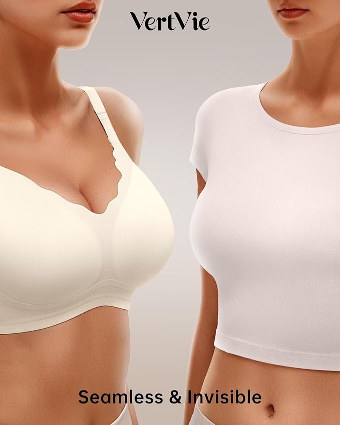 Vertvie Womens Seamless Bras No Underwire Supportive Wireless Push Up Full Coverage Bralette Comfort Scalloped T-Shirt Bra