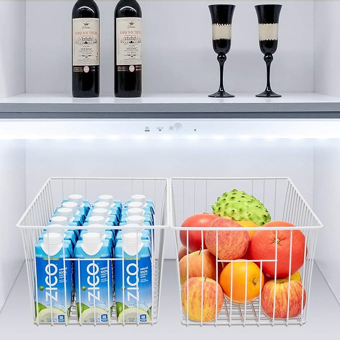 Upright Freezer Organizer Bins， Freezer Baskets for 16, 17, 21 cu.ft Standup Freezer, Wire Storage Baskets with Built-in Handles, 4Pcs , White
