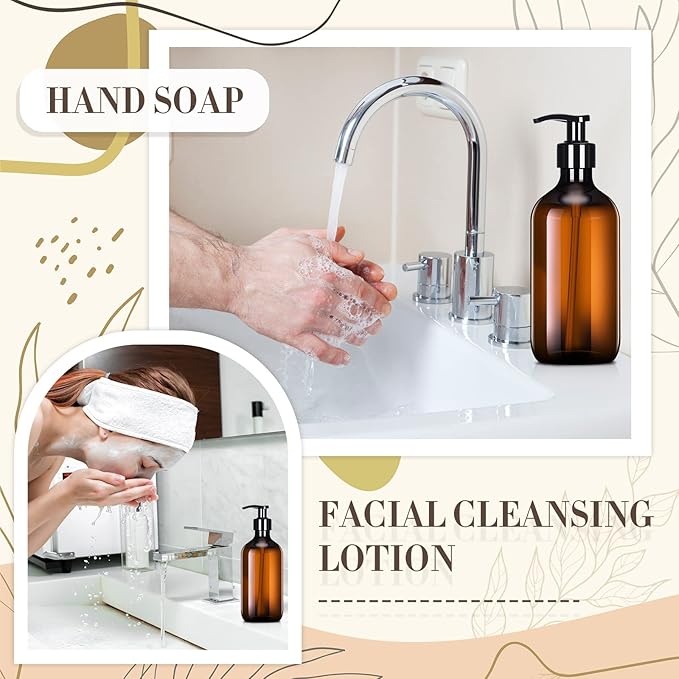 Tessco for you 12 Pack Amber Soap Dispenser Empty Plastic Pump Bottles Dispenser Refillable Shampoo for Hand Sanitizer Soap Cosmetic Lotion Body Wash Conditioner Bathroom Kitchen Travel (16.9 Oz)