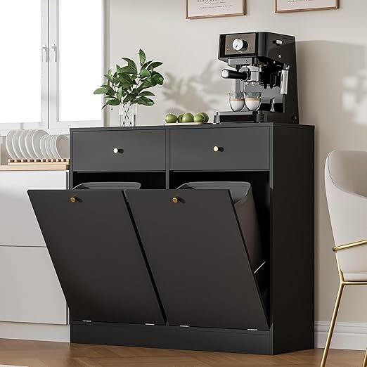 Double Tilt Out Trash Can Cabinet, Trash Storage Cabinet with 2 Drawers, Hidden Garbage Bin, Free Standing Laundry Sorter Organizer for Kitchen Dining Living Room, Bathroom, Black