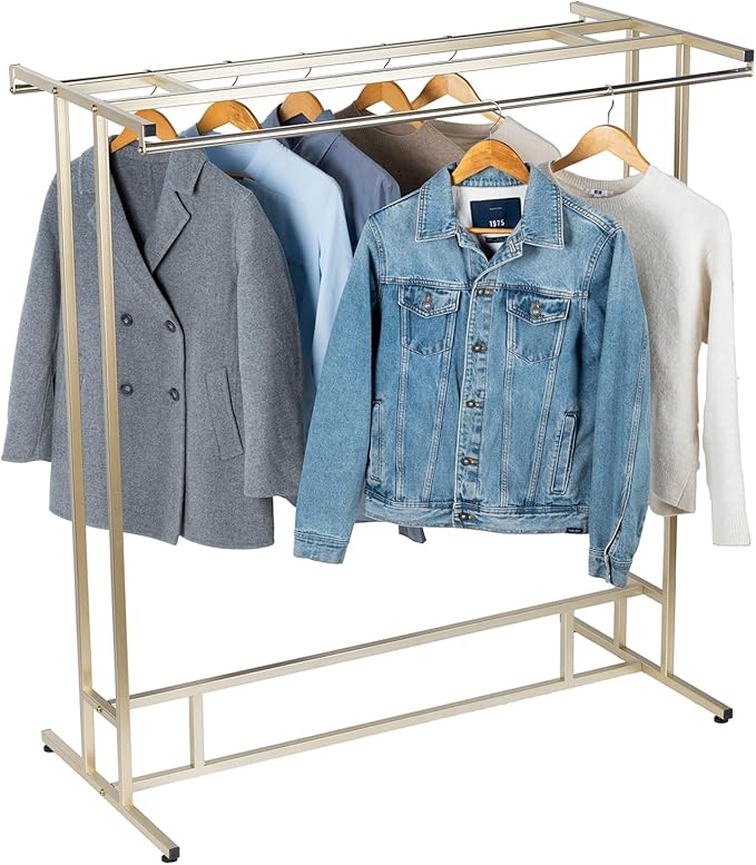 MyGift 4ft Tall Brass Tone Stainless Steel Freestanding Garment Rack, Heavy Duty Double Rod Clothes Closet Stand, Coat Dress Clothing Storage Display Shelf